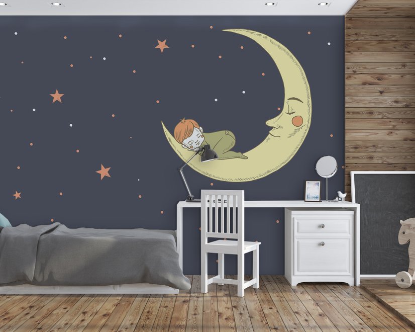 Cartoon Moon with Little Child and Night Sky Wallpaper Mural