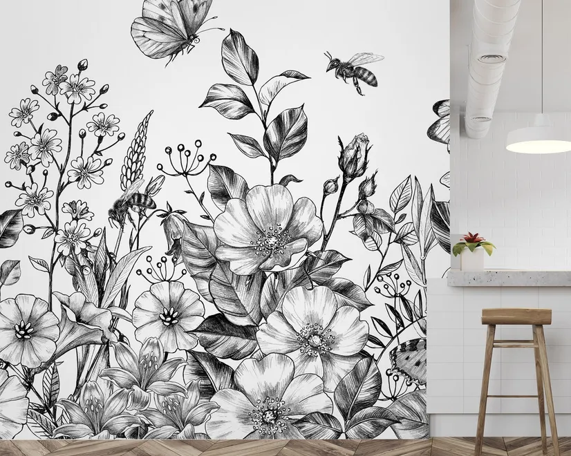 Black and White Floral Wallpaper Mural