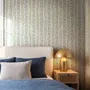 Blue floral stripe wallpaper with pale sky-blue bell flowers, green vines and sage bands on white