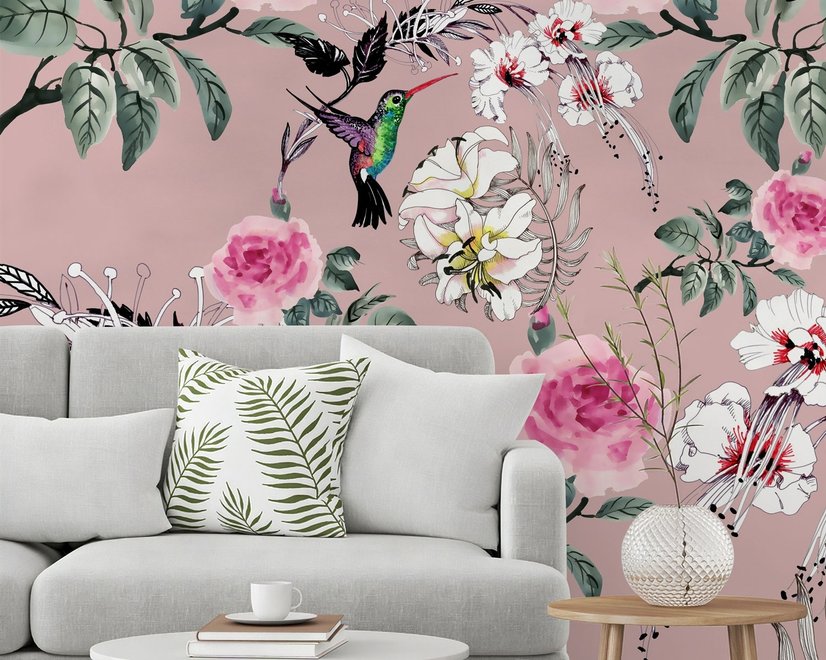 Vintage Pink Floral mit kleinen Vögeln Fototapete