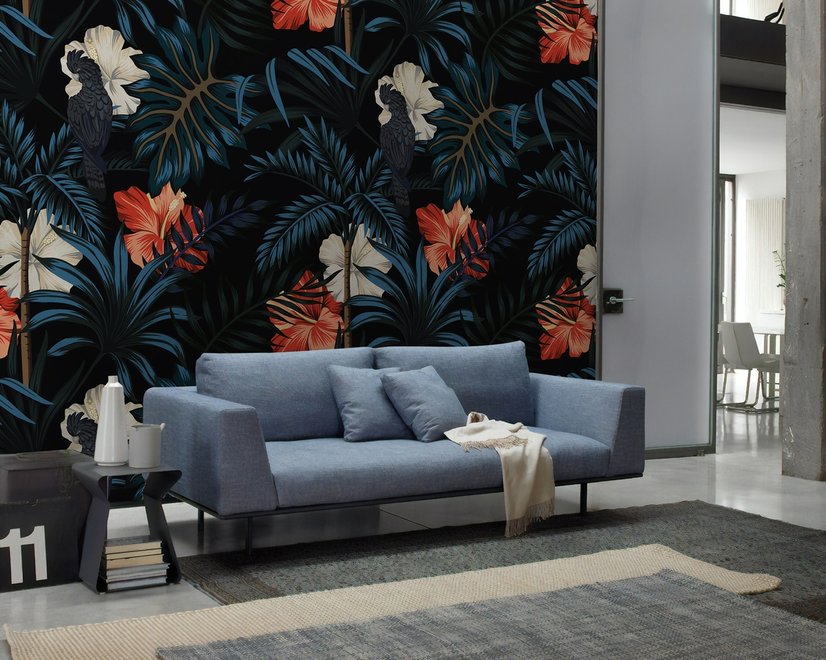 Exotic Leaves with Birds Wallpaper Mural