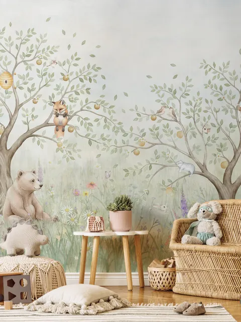 Papier Peint Panoramique Enfants Animaux de la Forêt Pastels Doux