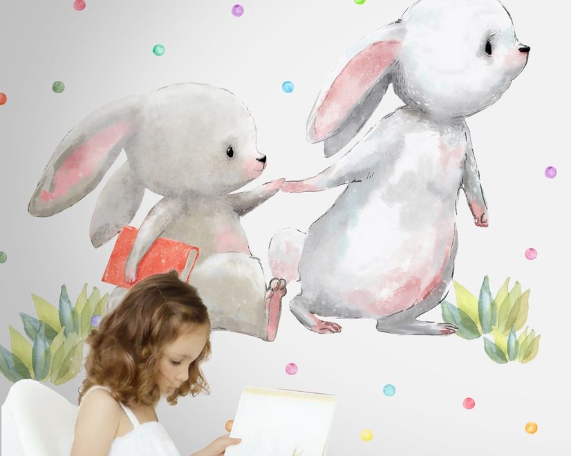 The Cute Bunny Reading Books with Colorful Polka Dots Kids Wall Decal Sticker