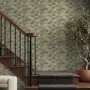 Light green and blue wallpaper with painted sage bamboo canes, olive leaves and pale celadon foliage ground