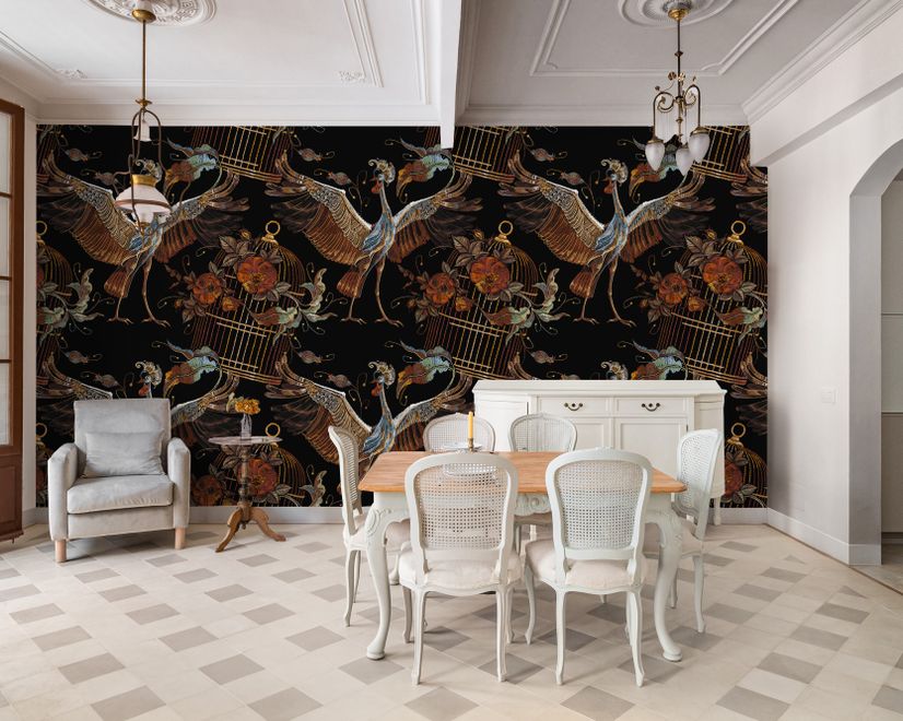 Crane Birds and Flowers with Golden Cage Wallpaper Mural