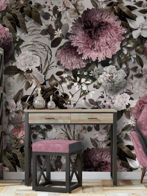 Papier peint panoramique vintage avec chrysanthème rose