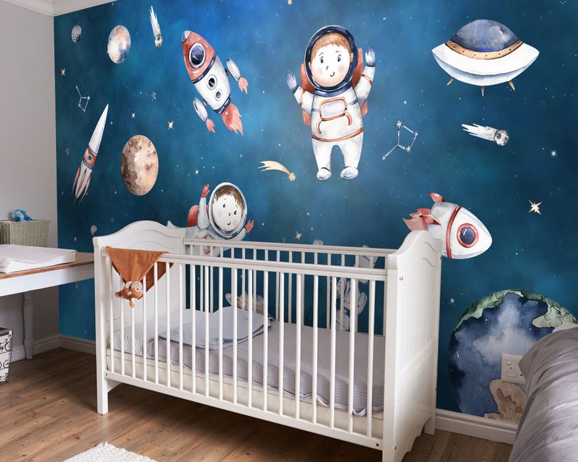 Kids Watercolor Space with Planets Wallpaper Mural