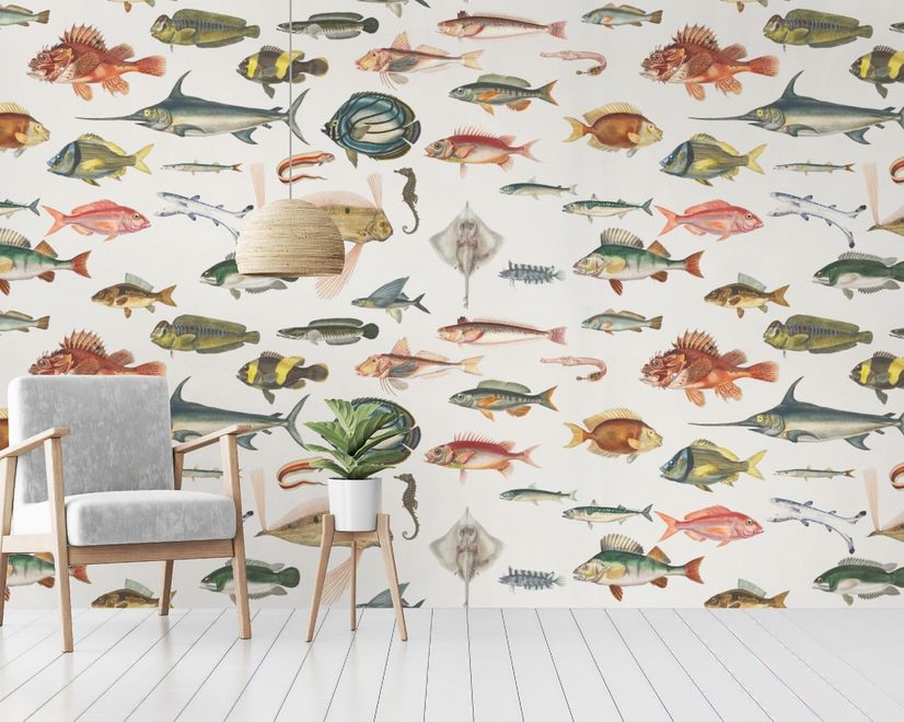 Vintage Style Aqua Fish Art Wallpaper Mural