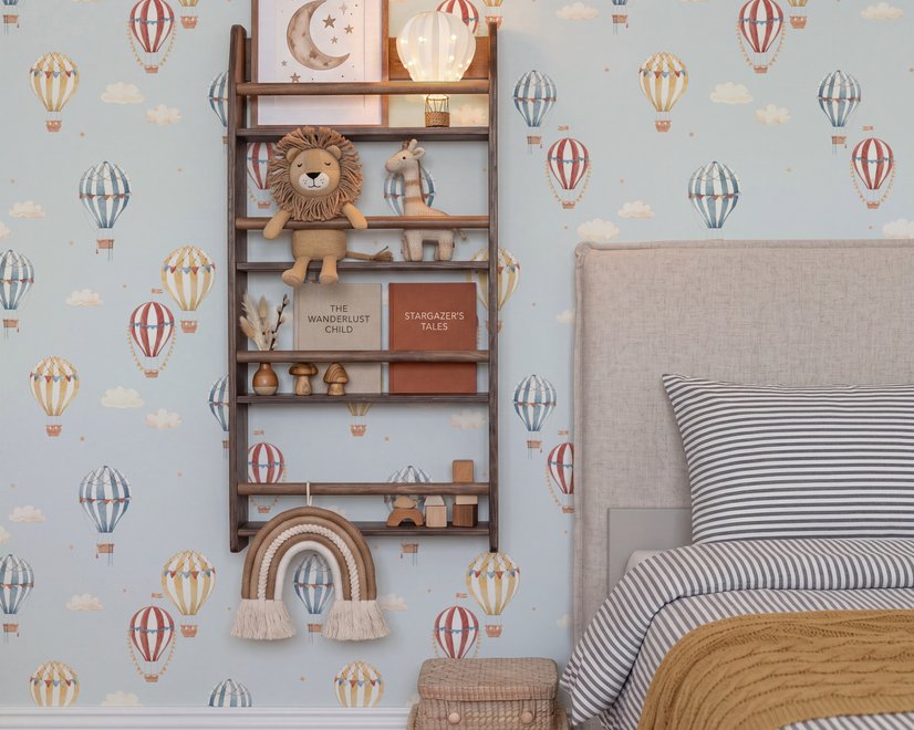 Hot air balloon wallpaper with watercolor balloons, ivory clouds and peach gold stars on pale powder blue