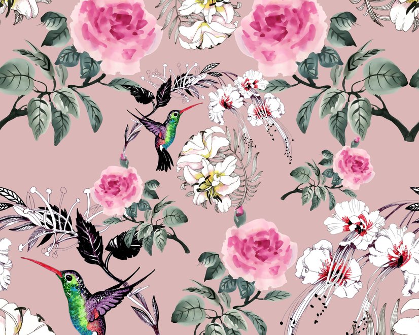 Vintage Pink Floral mit kleinen Vögeln Fototapete