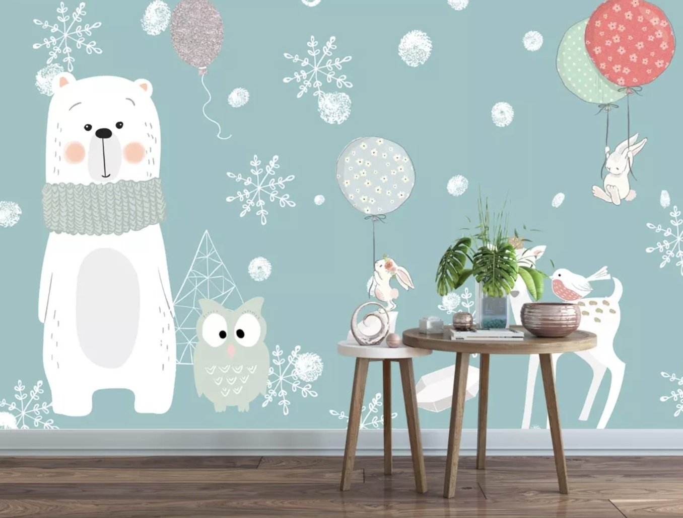Cartoon Bear and Animal Friends with Snowflake Wallpaper Mural - Peel and Stick