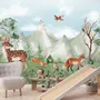 Cute Forest Animals with Kids Mountain Landscape Wallpaper Mural