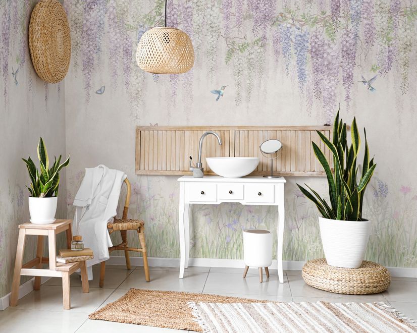 Watercolor Hanging Wisteria Flowers with Hummingbirds Wallpaper Mural 
