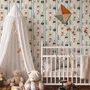 Cartoon wallpaper with rabbits, mice, a crowned fox and lambs in costumes between wavy blue stripes
