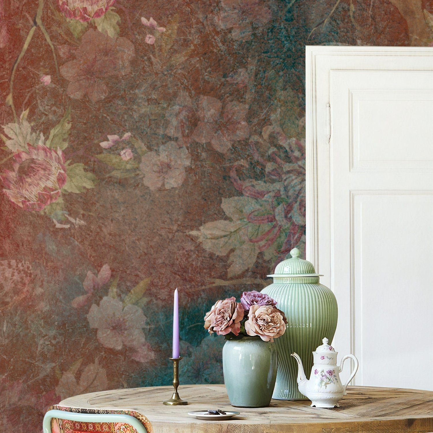 Chinoiserie Vintage Plants Wallpaper Mural - Peel and Stick