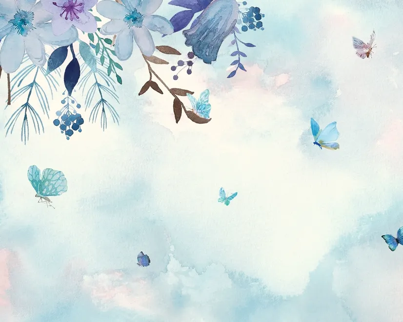 Papier peint panoramique bleu violet avec petit papillon