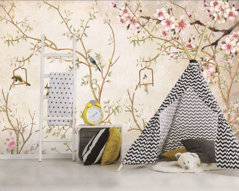 Soft Chinese Florals with Little Birds Wallpaper Mural