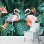 Papier peint panoramique corail et rose avec feuilles tropicales