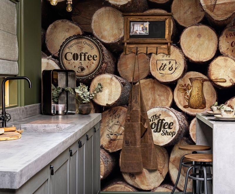 Coffee Shop with Wood Wall Wallpaper Mural