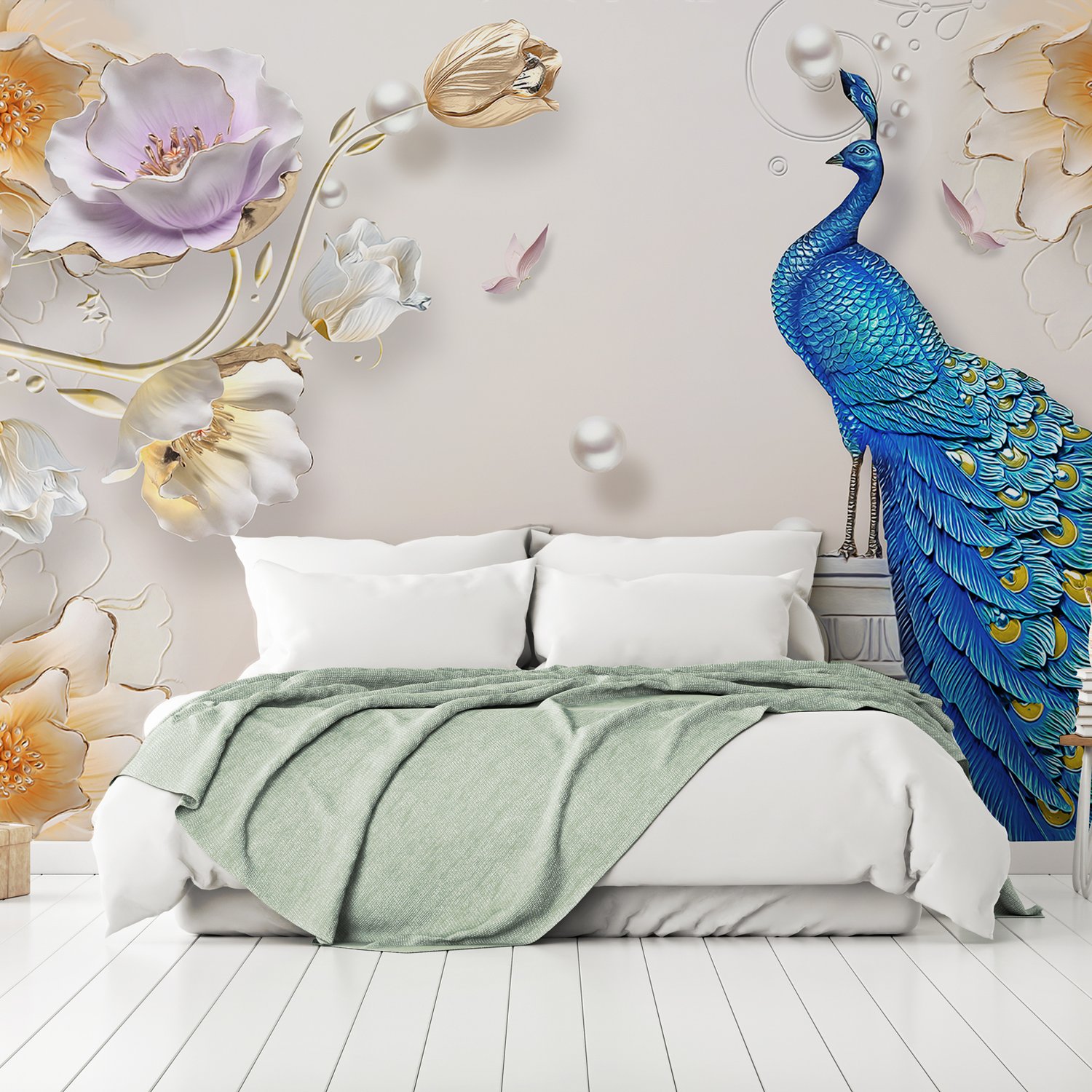 3D Embossed Look Tulip Floral with Peacock Wallpaper Mural - Peel and Stick