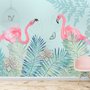 Papier peint panoramique flamant rose vintage avec feuilles tropicales