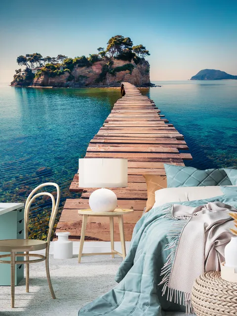 Realistic Sea Landscape with Wood Bridge Wallpaper Mural