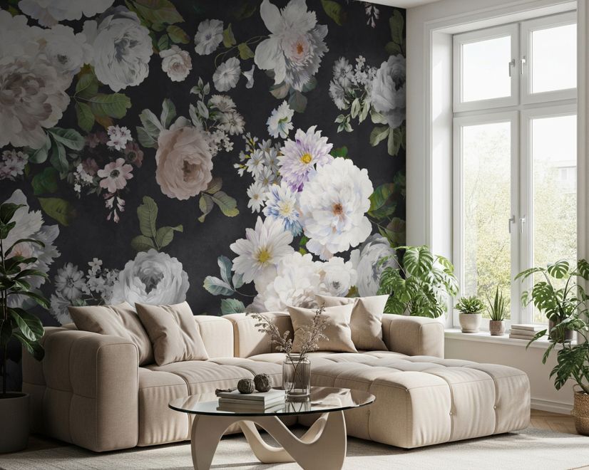 Dark Floral and White Peony Blossoms Wallpaper Mural