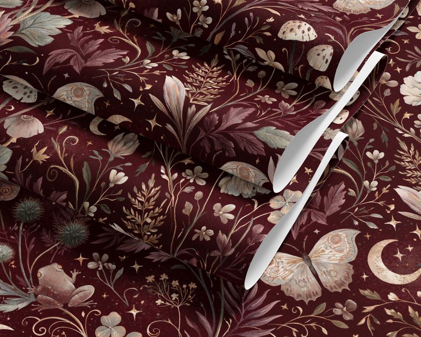 Pink butterflies wallpaper on a claret ground with cream flowers, moons, stars and spotted mushrooms.