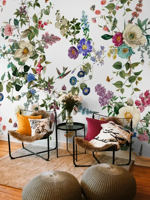 Botanical Flowers Floral with Birds Wallpaper Mural
