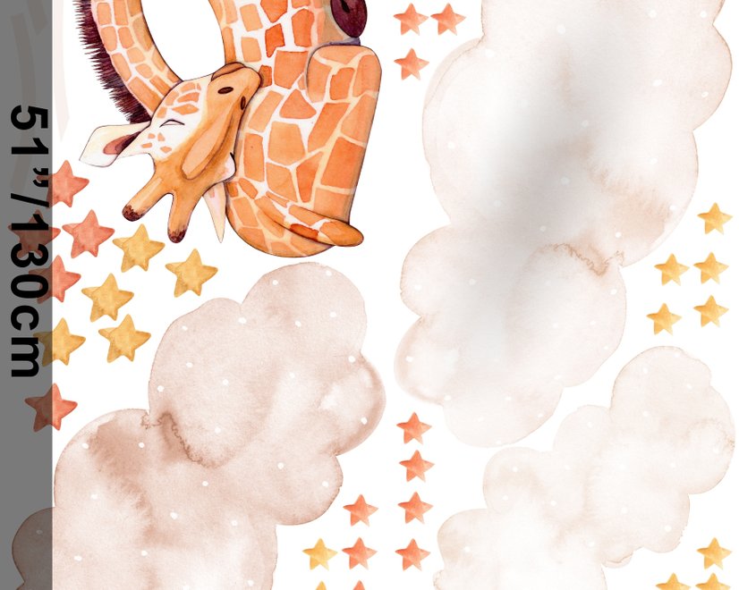 Wandtattoo Aquarell Schlafende Giraffe und Wolken mit kleinen Sternen für das Kinderzimmer