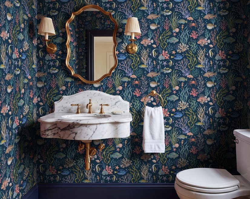 Aquarium fish tank wallpaper repeat with tropical fish, coral, seaweed, shells and bubbles on deep navy blue