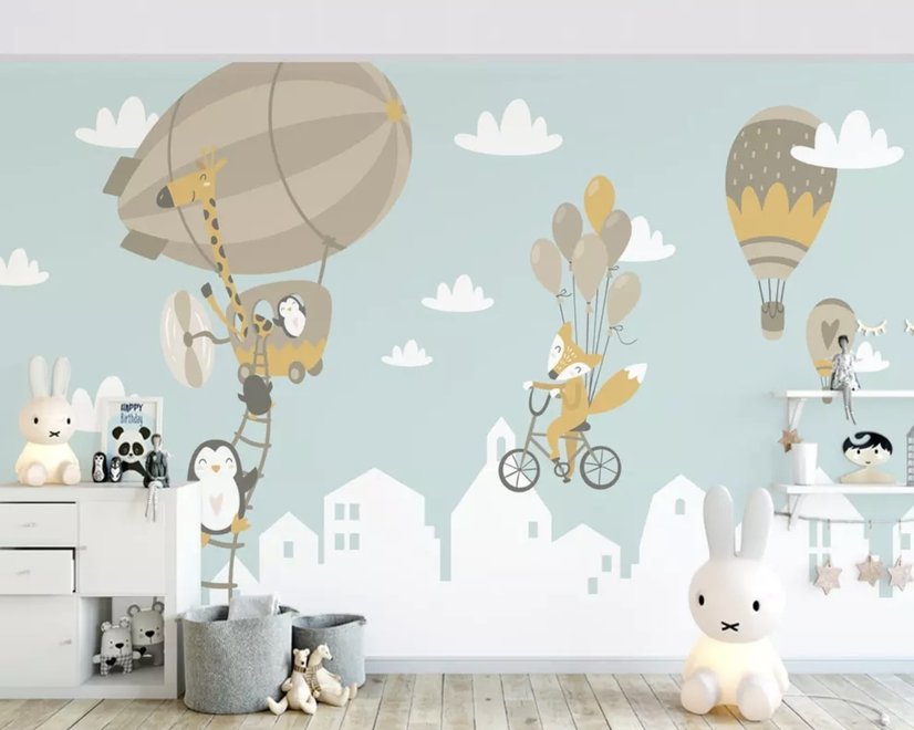 Big Air Balloon with Cute Animals Papier peint panoramique