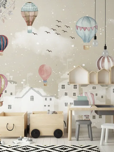 Kids Nursery Cartoon Winter and Little Hot Air Balloon Wallpaper Mural