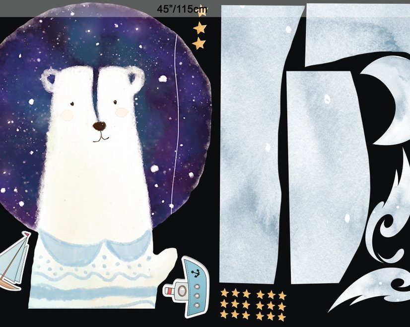 Stickers muraux ours blanc lune aquarelle étoiles jaunes enfants