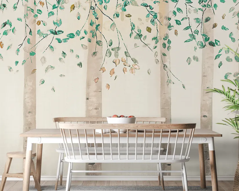 Watercolor Style Forest with Green Brown Little Leaves Wallpaper Mural