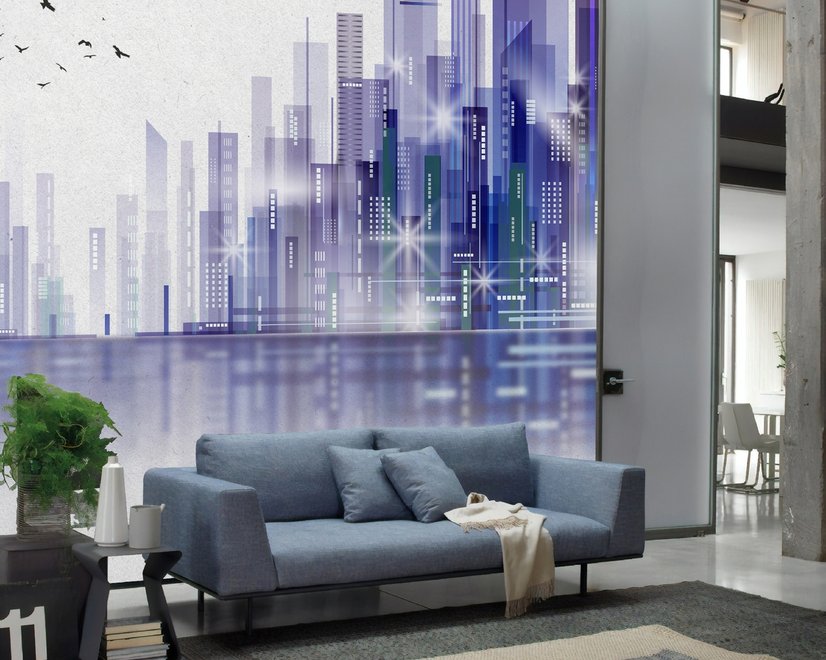 Papier peint panoramique paysage urbain moderne violet