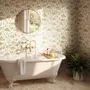 Watercolor fish wallpaper with grey-blue fish, seafoam seaweed, starfish and bubbles on warm cream