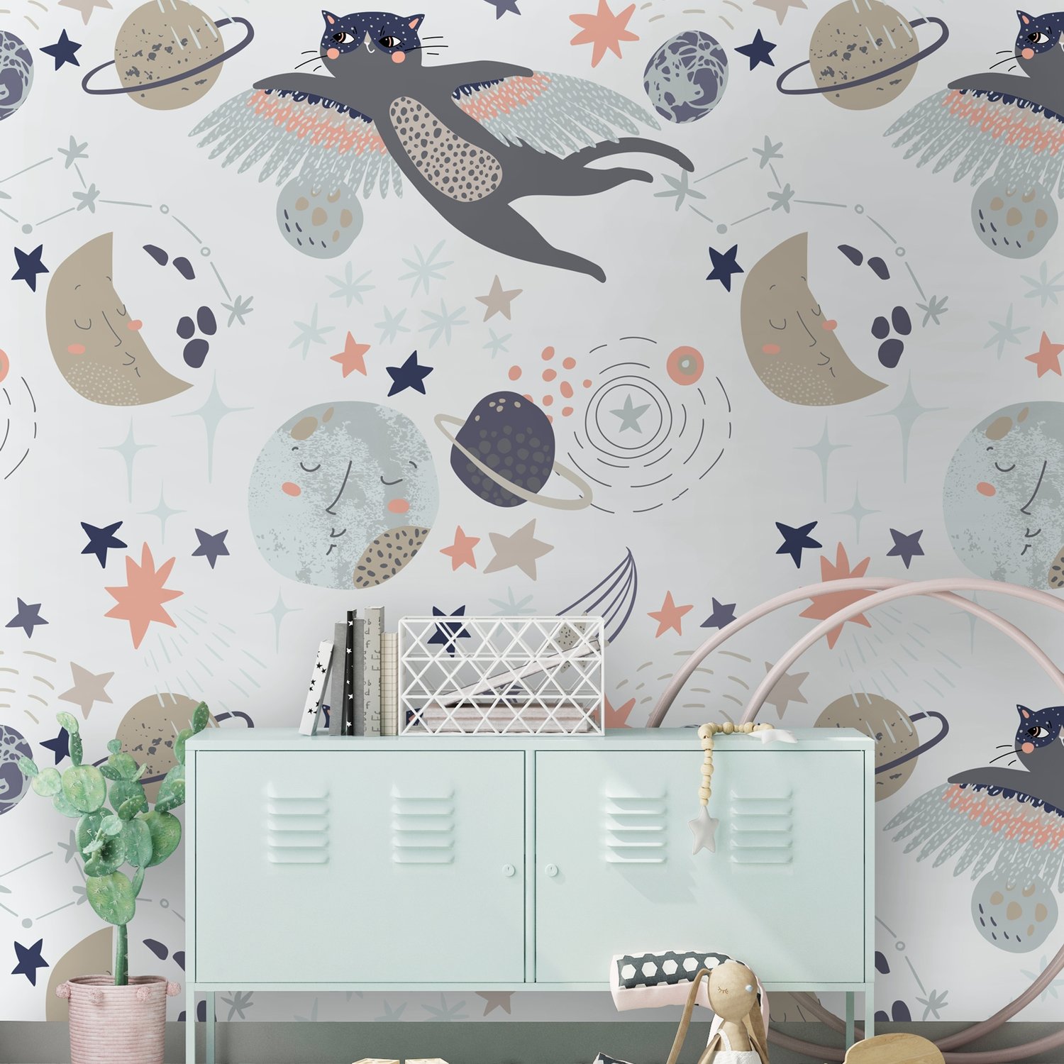 Cat Flying Over The Moon and Stars Wallpaper Mural - Peel and Stick