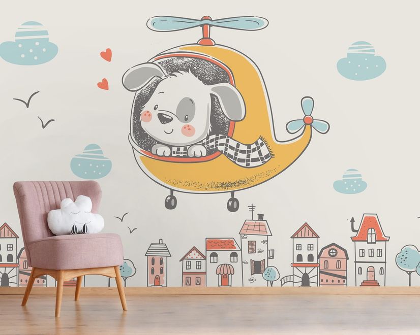 Cute Puppy in Helicopter Wallpaper Mural