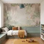 Watercolour nature wallpaper with lilac wisteria, pale trees, sage foliage and small songbirds around a misty clearing