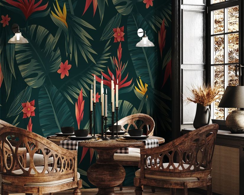 Red Floral and Palm Leaf Pattern Wallpaper Mural