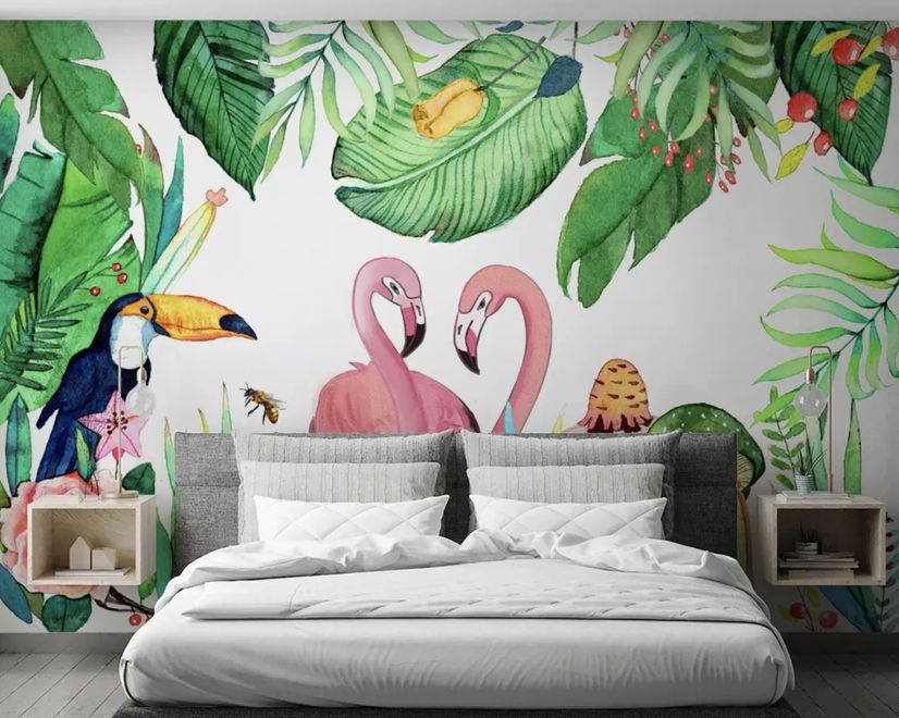 Flamingos with Toucan Bird Wallpaper Mural