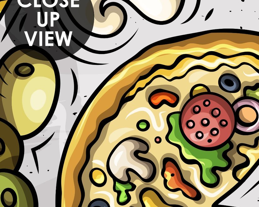 Papier peint panoramique de dessins animés sur la restauration rapide et les pizzas