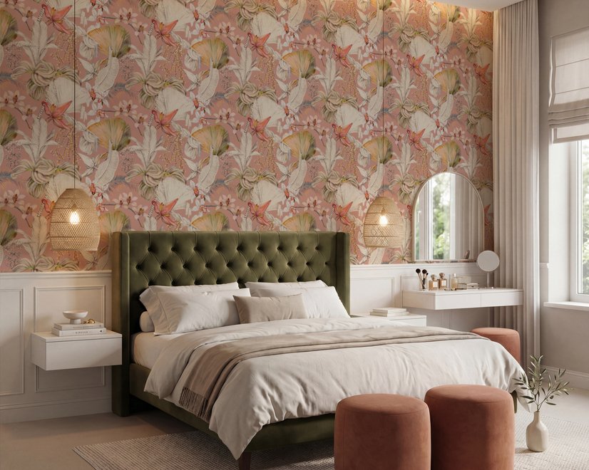 Pink tropical wallpaper with ivory fan palms, orchids, coral blossoms and sage foliage on dusty rose