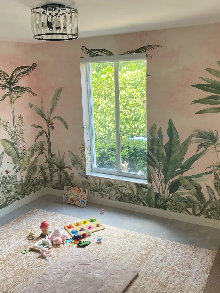 Watercolor Pink Tropical Chinoiserie Wallpaper Mural
