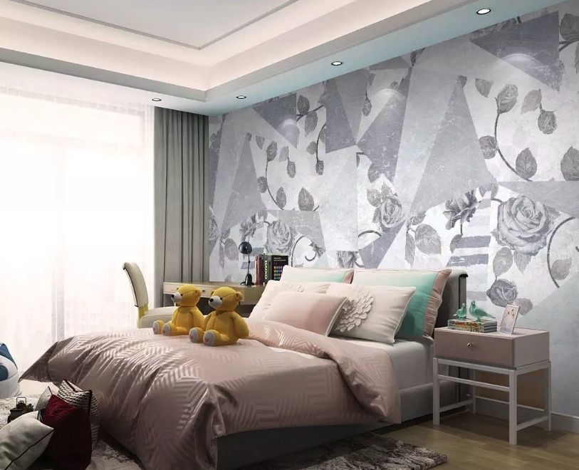 Rose Floral with Geometric Pattern Wallpaper Mural