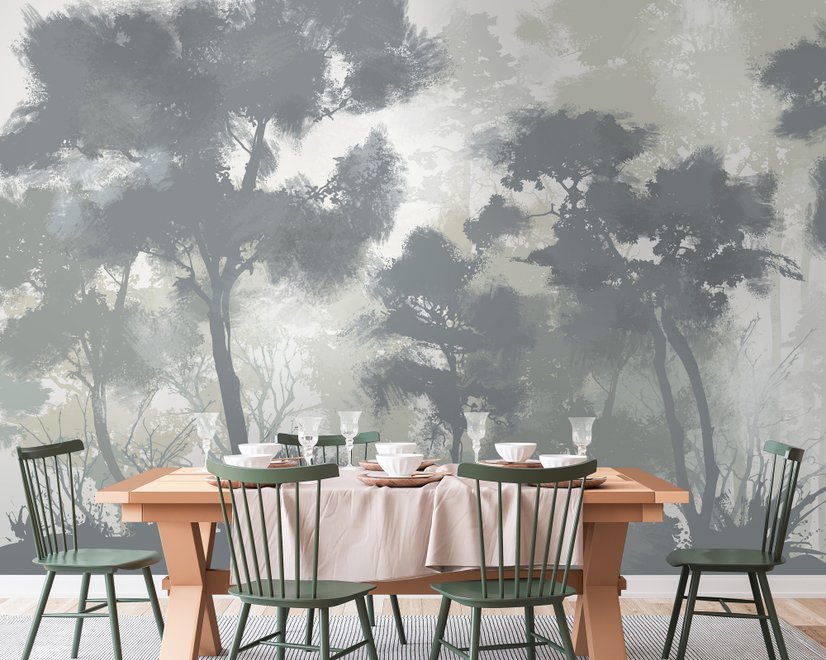 Monochrome Forest Silhouette Landscape Wallpaper Mural