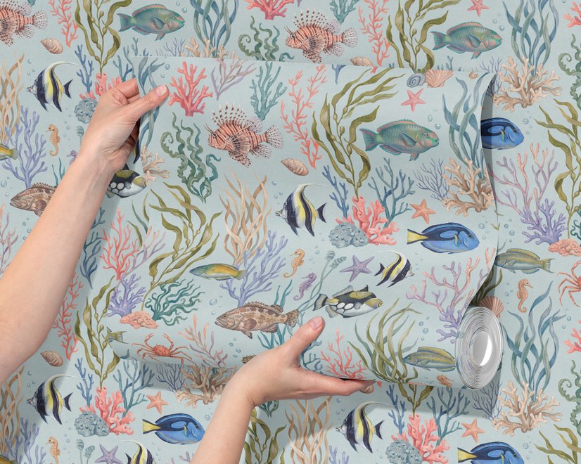 Modern coastal wallpaper with watercolour tropical fish, coral, seaweed, shells and bubbles on light aqua-blue