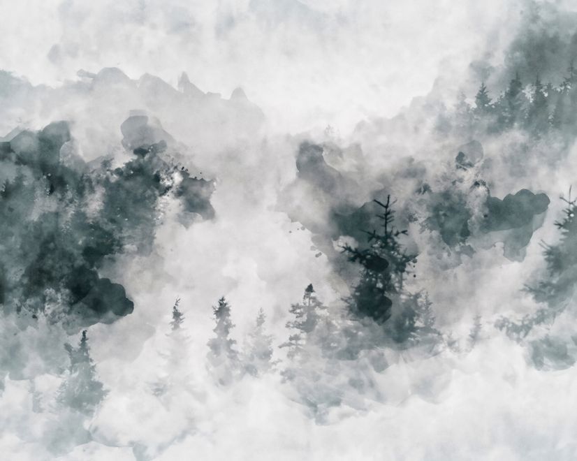 Papier peint panoramique, style aquarelle, abstrait, brumeux et forêt sombre