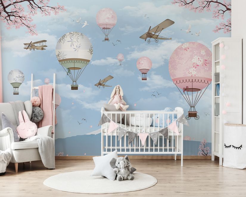 Cherry Blossom with Soft Hot Air Balloon Wallpaper Mural